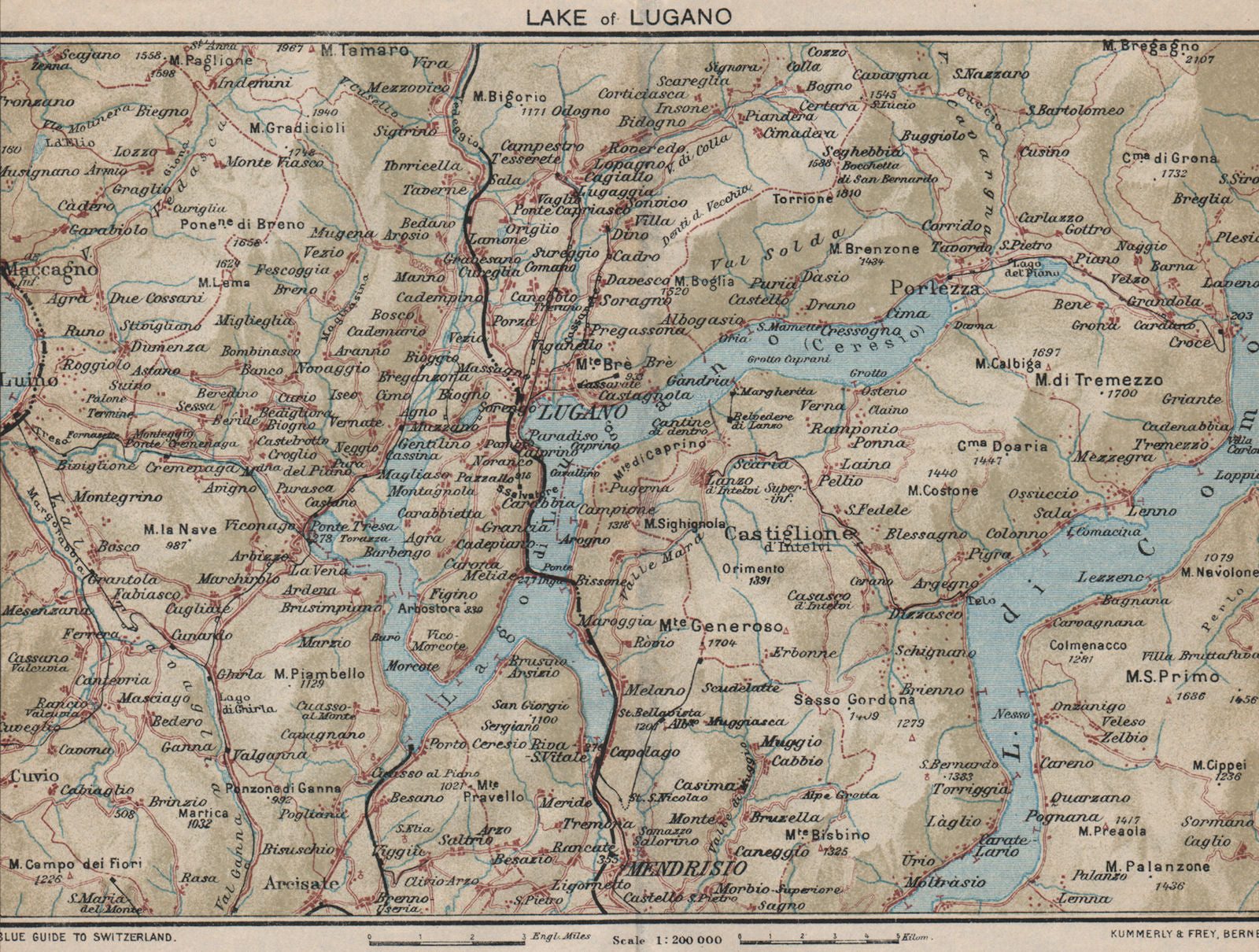 LAKE OF LUGANO. Vintage map plan. Lago di Lugano. Switzerland Italy 1930